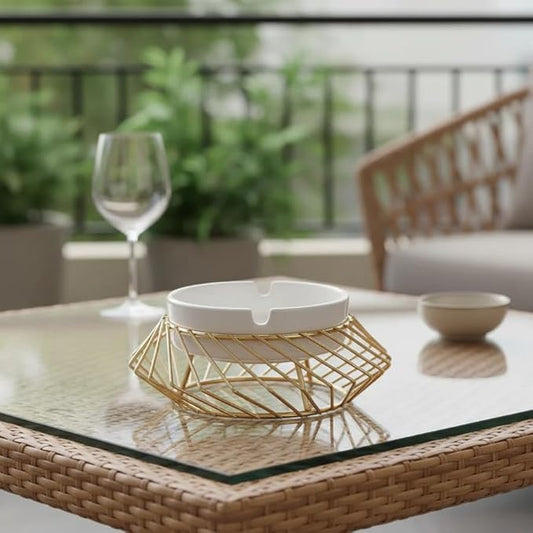 Ceramic Ashtray with Golden Metal Holder – Modern Tabletop Ashtray