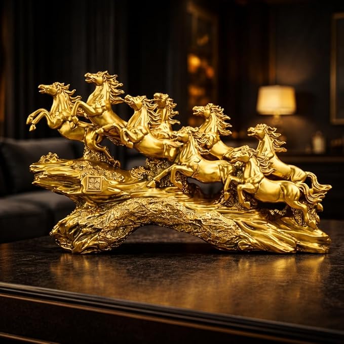 Golden 19 Inch Running 7 Victory Horses Resin Statue for Vastu and Feng Shui