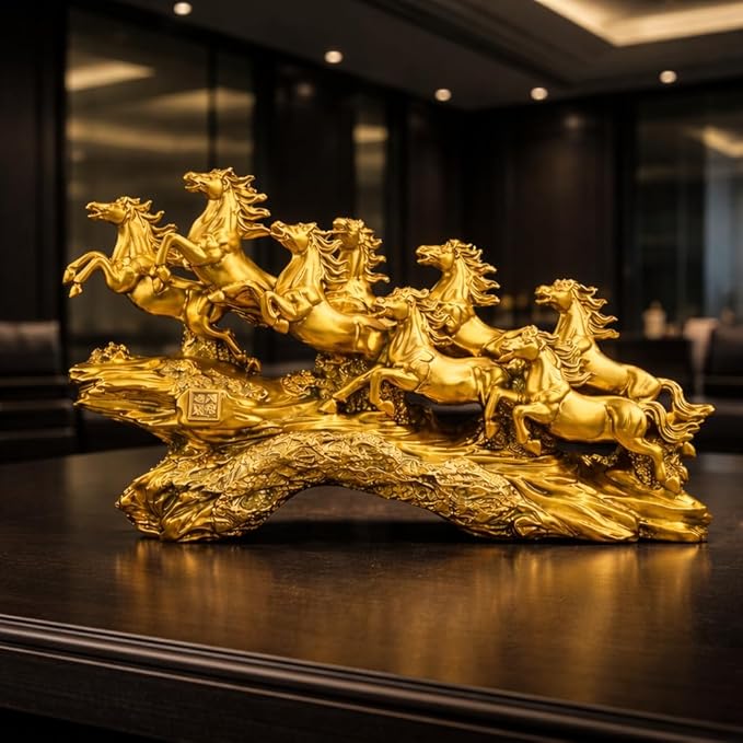 Golden 19 Inch Running 7 Victory Horses Resin Statue for Vastu and Feng Shui