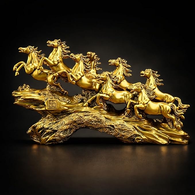 Golden 19 Inch Running 7 Victory Horses Resin Statue for Vastu and Feng Shui