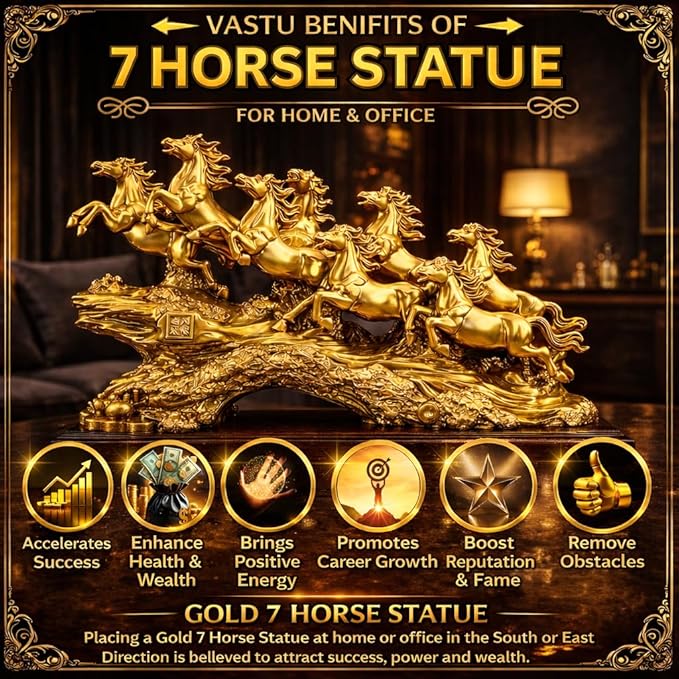 Golden 19 Inch Running 7 Victory Horses Resin Statue for Vastu and Feng Shui