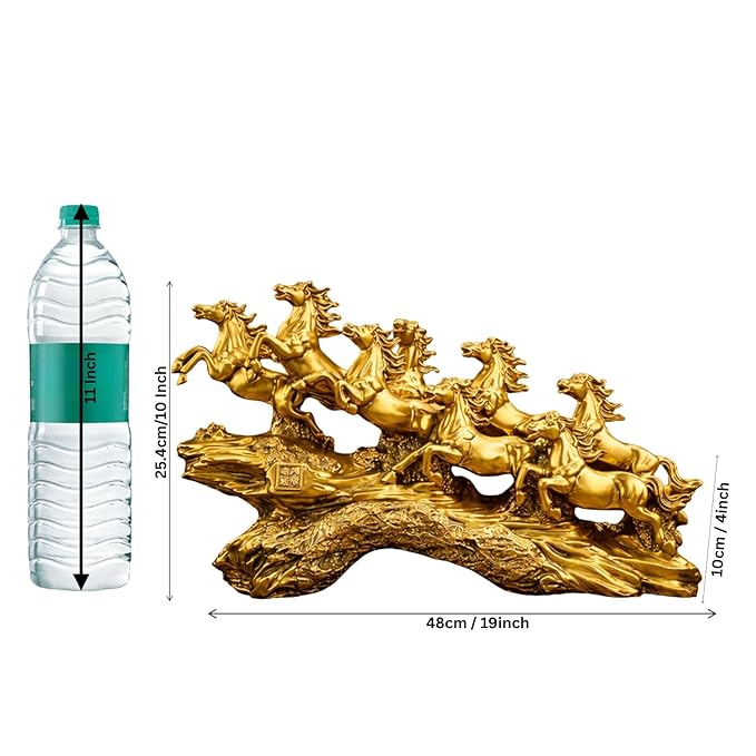 Golden 19 Inch Running 7 Victory Horses Resin Statue for Vastu and Feng Shui