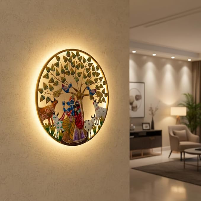 LED Backlit Radha Krishna Metal Wall Art - Tree of Life