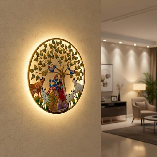 LED Backlit Radha Krishna Metal Wall Art - Tree of Life