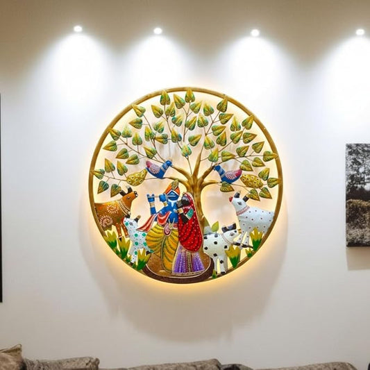 LED Backlit Radha Krishna Metal Wall Art - Tree of Life