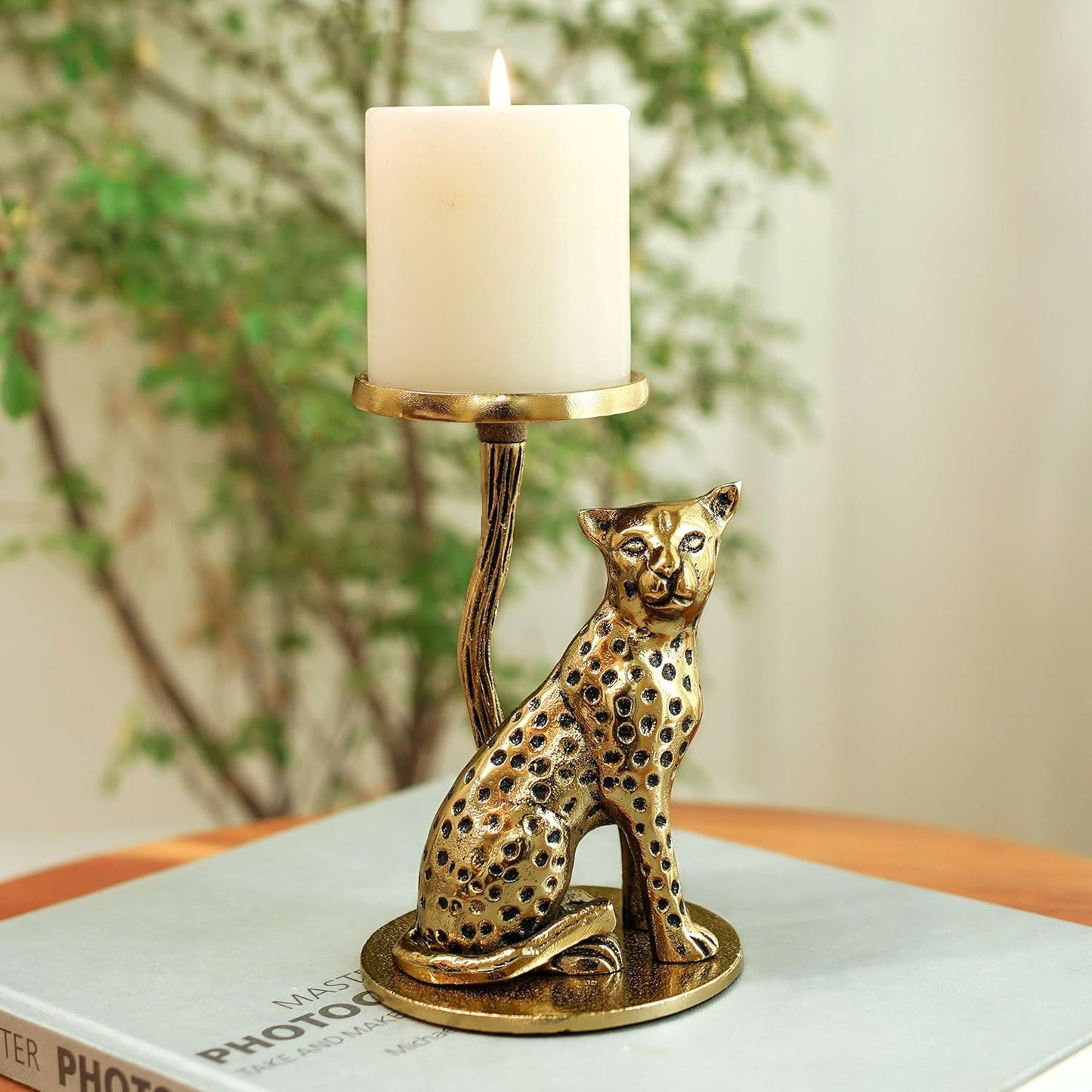 Aluminium Brass Finish Jaguar Pillar Candle Holder Statue