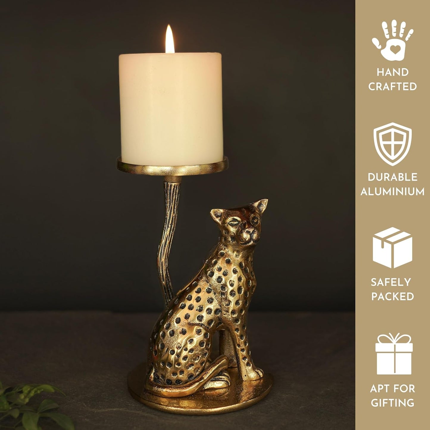 Aluminium Brass Finish Jaguar Pillar Candle Holder Statue