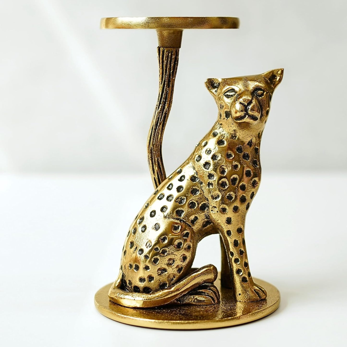 Aluminium Brass Finish Jaguar Pillar Candle Holder Statue