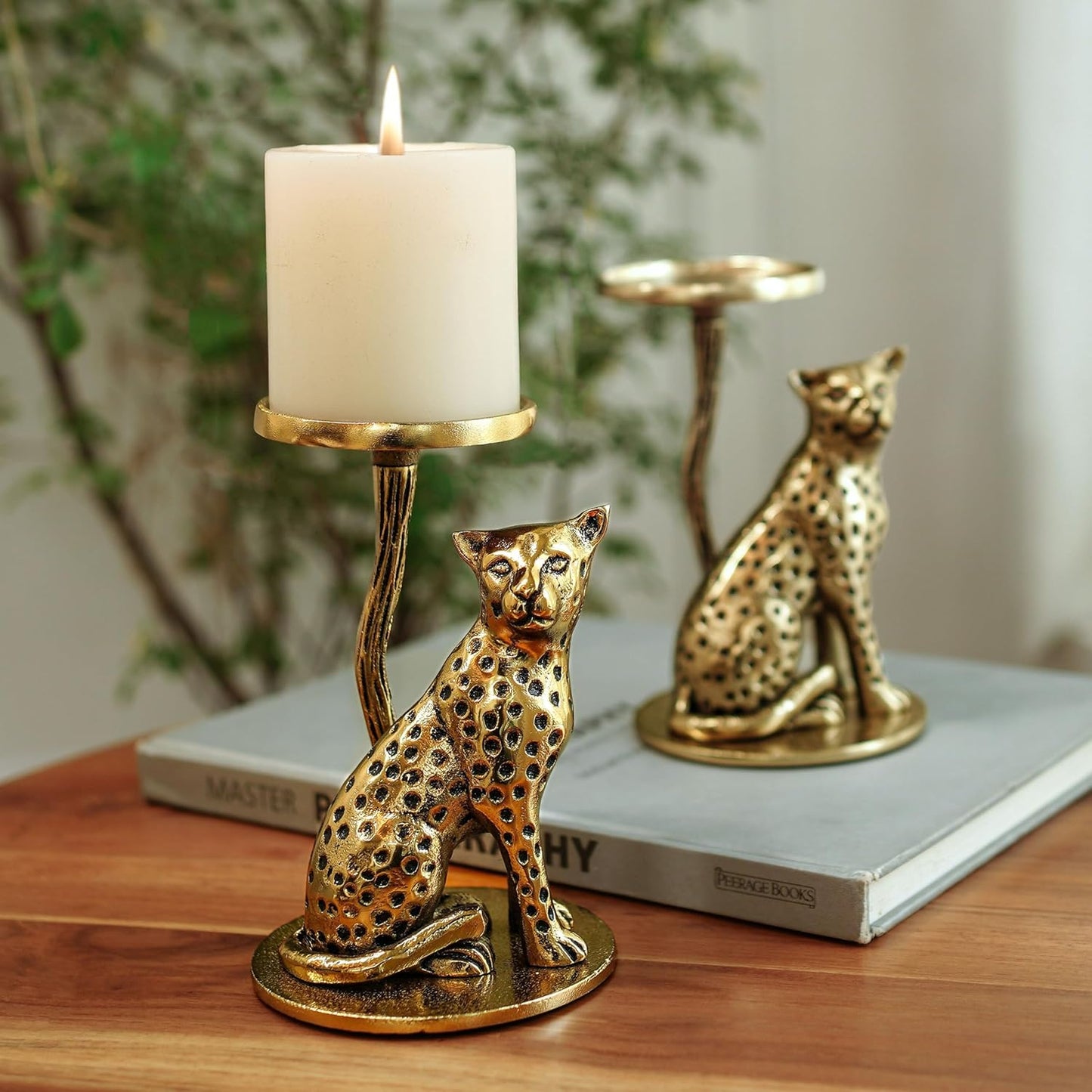 Aluminium Brass Finish Jaguar Pillar Candle Holder Statue