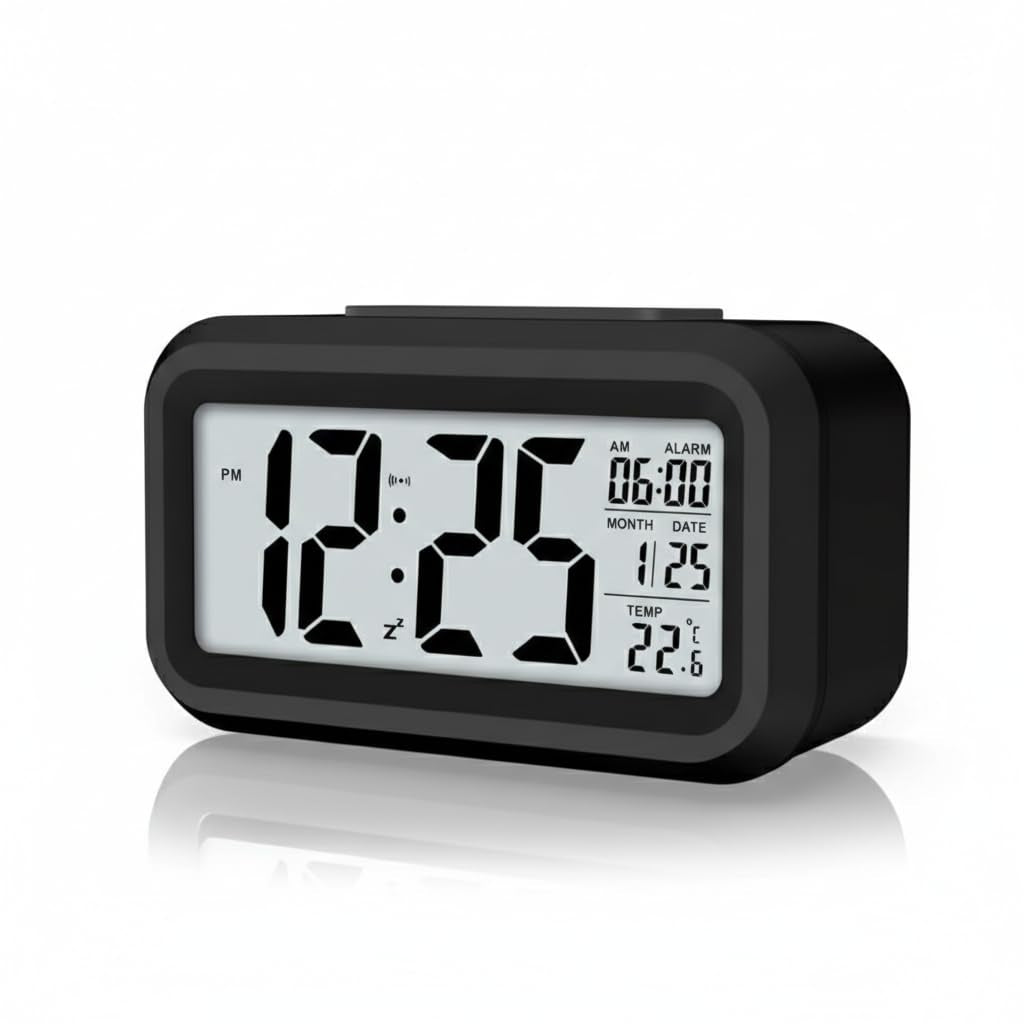Digital Alarm Clock (Large LCD Display with Smart Backlight, Indoor Temperature, Date & Calendar)