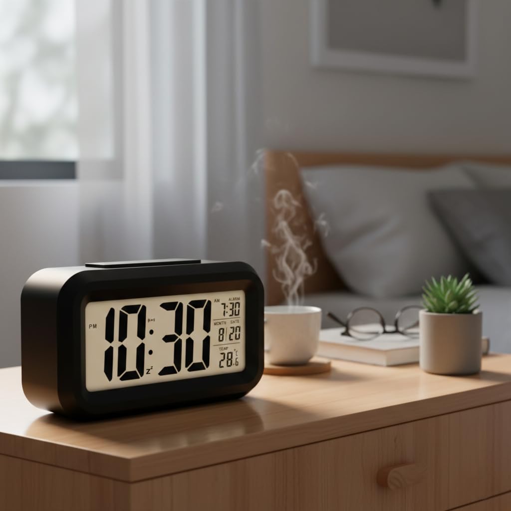 Digital Alarm Clock (Large LCD Display with Smart Backlight, Indoor Temperature, Date & Calendar)