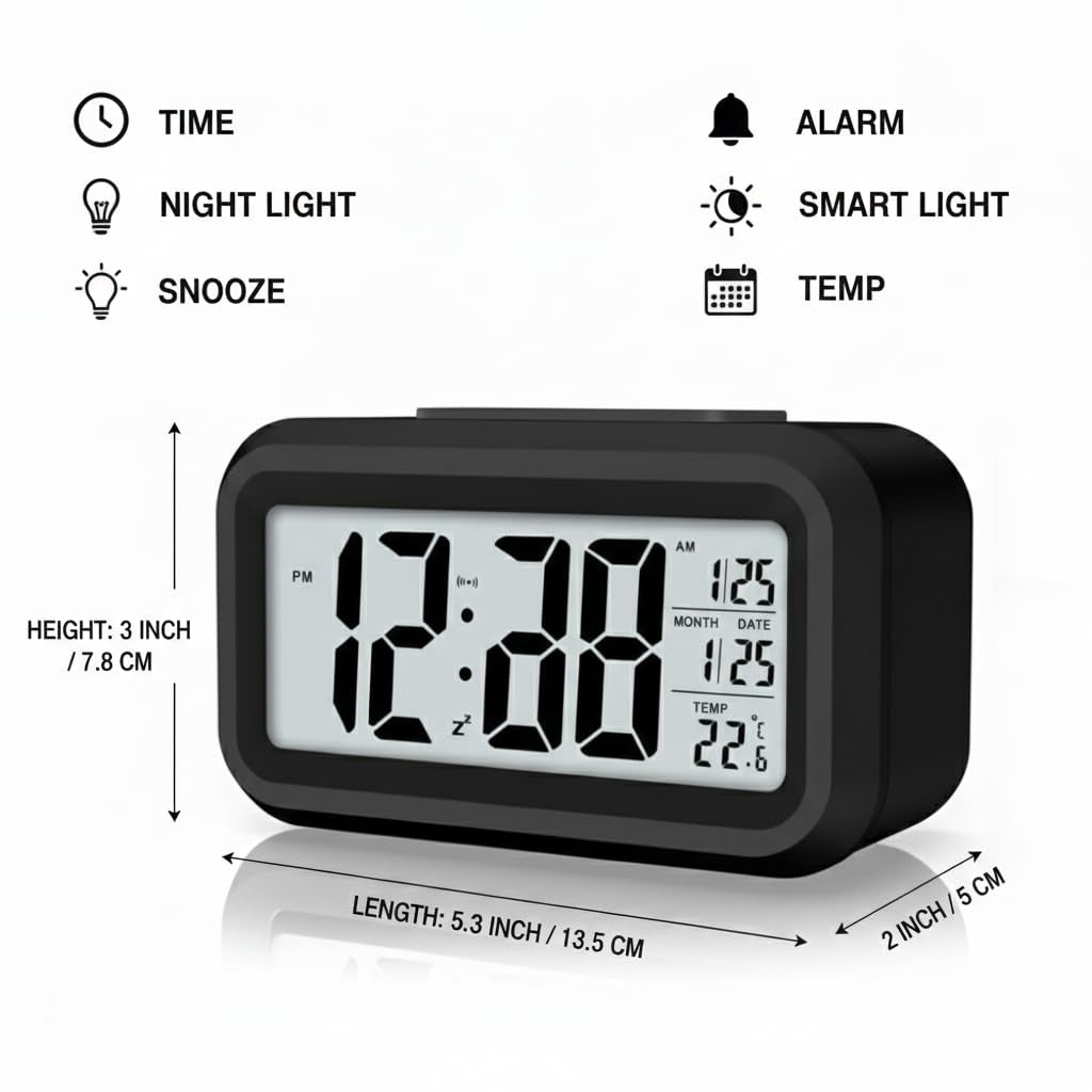 Digital Alarm Clock (Large LCD Display with Smart Backlight, Indoor Temperature, Date & Calendar)
