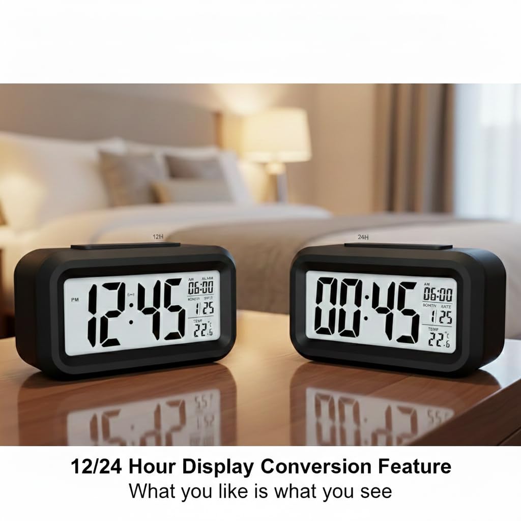 Digital Alarm Clock (Large LCD Display with Smart Backlight, Indoor Temperature, Date & Calendar)