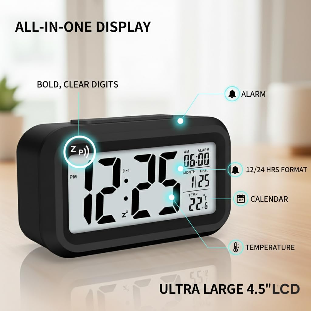 Digital Alarm Clock (Large LCD Display with Smart Backlight, Indoor Temperature, Date & Calendar)