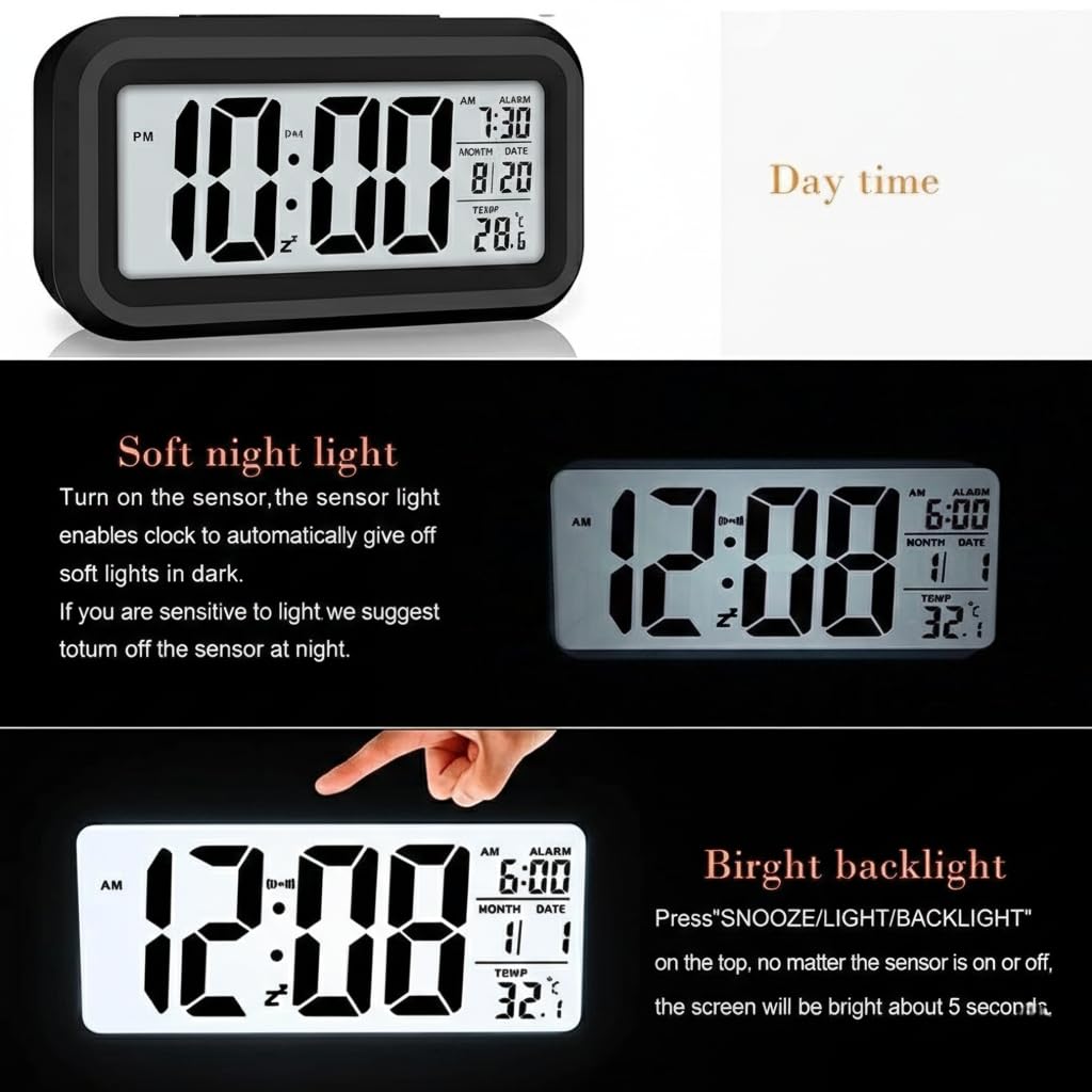 Digital Alarm Clock (Large LCD Display with Smart Backlight, Indoor Temperature, Date & Calendar)