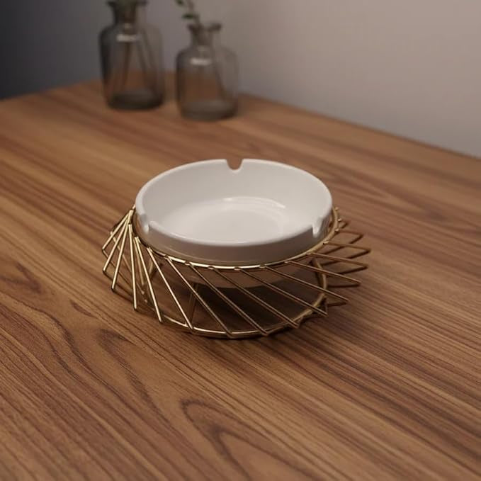 Ceramic Ashtray with Golden Metal Holder – Modern Tabletop Ashtray