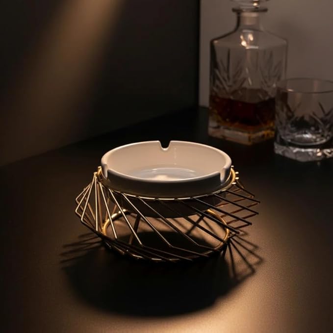 Ceramic Ashtray with Golden Metal Holder – Modern Tabletop Ashtray