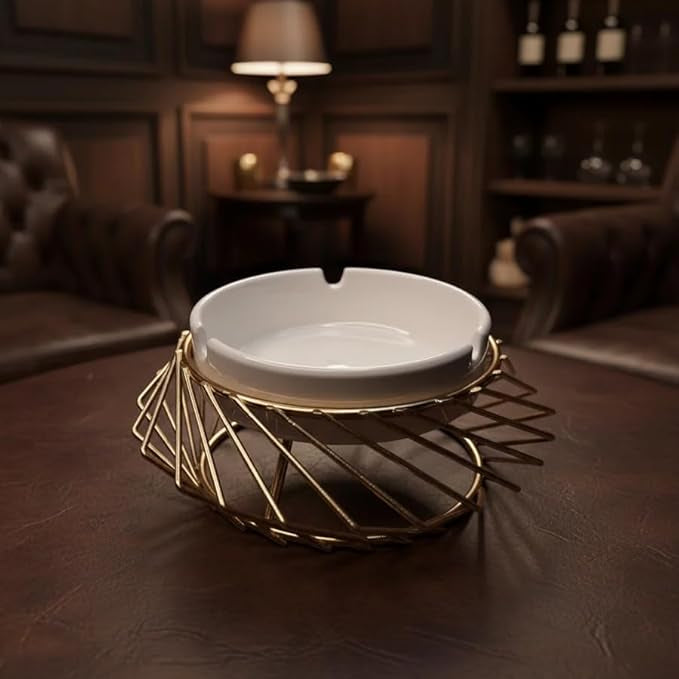 Ceramic Ashtray with Golden Metal Holder – Modern Tabletop Ashtray