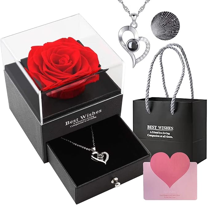 Preserved Rose Flower With Heart Necklace-I Love You in 100 Languages & Love Note