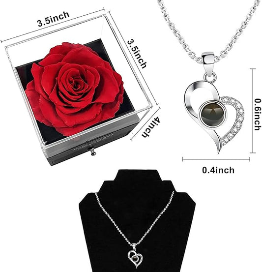 Preserved Rose Flower With Heart Necklace-I Love You in 100 Languages & Love Note