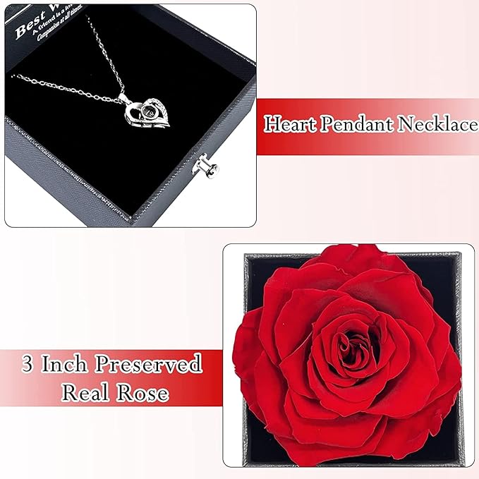 Preserved Rose Flower With Heart Necklace-I Love You in 100 Languages & Love Note