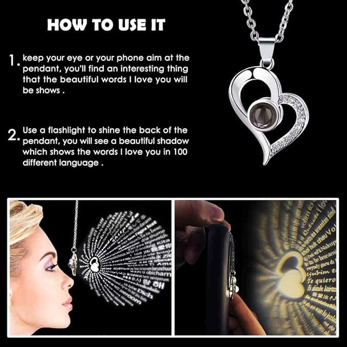 Preserved Rose Flower With Heart Necklace-I Love You in 100 Languages & Love Note
