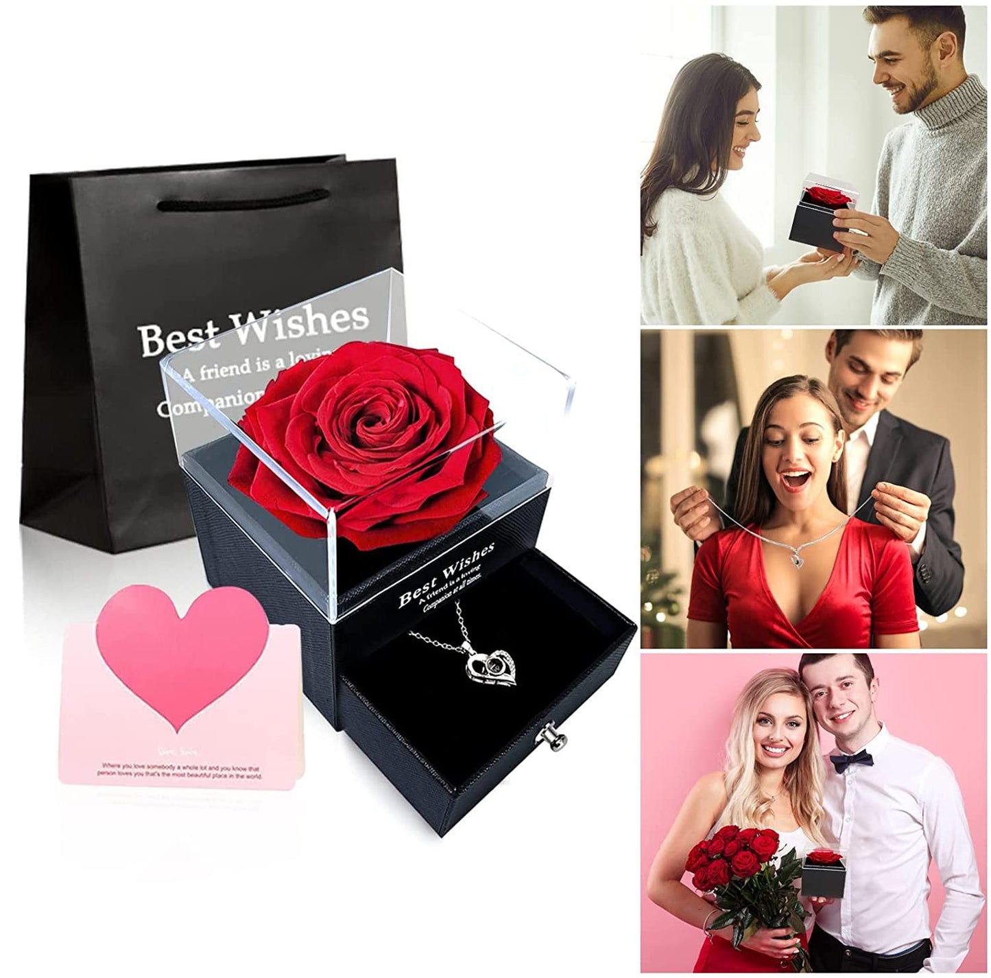 Preserved Rose Flower With Heart Necklace-I Love You in 100 Languages & Love Note
