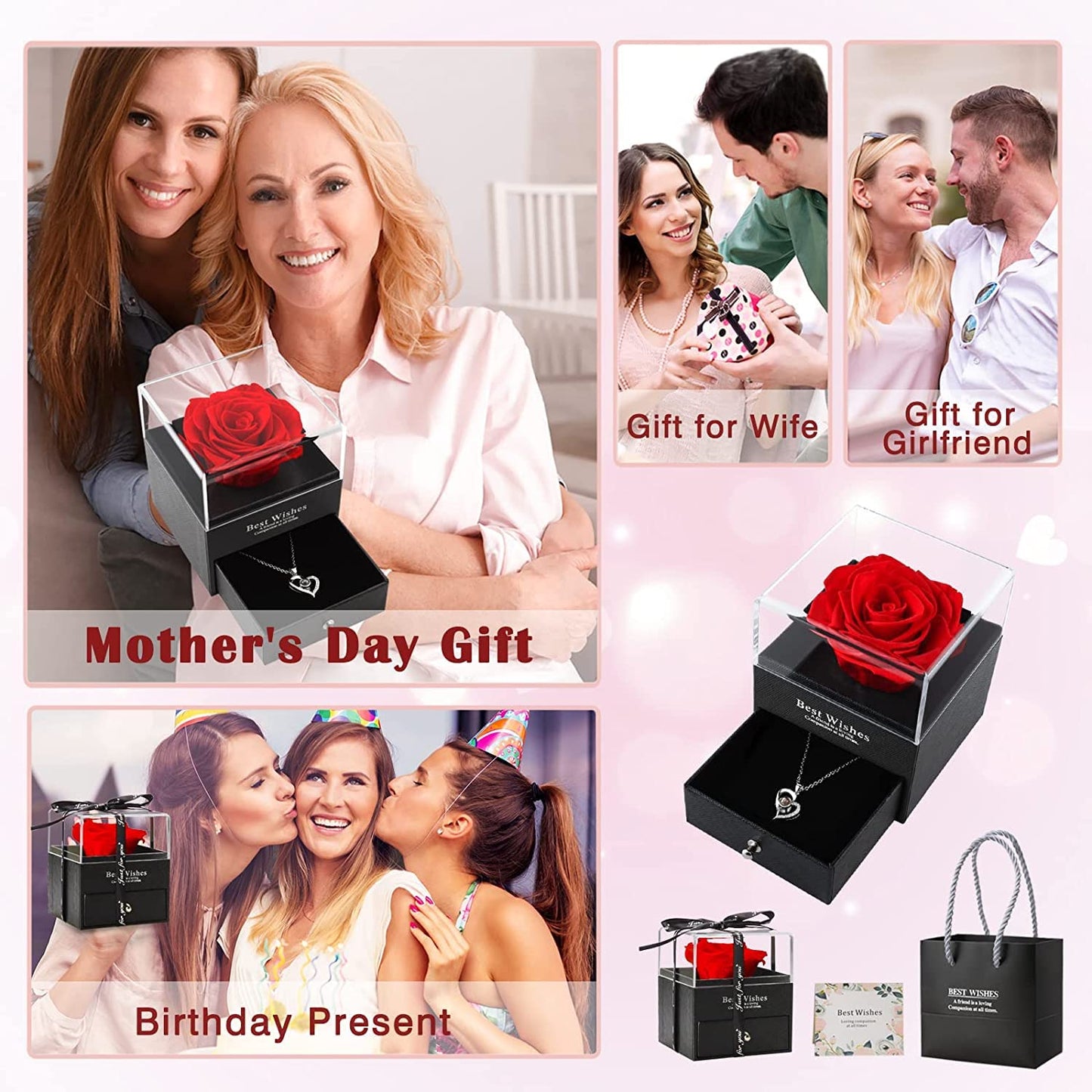 Preserved Rose Flower With Heart Necklace-I Love You in 100 Languages & Love Note